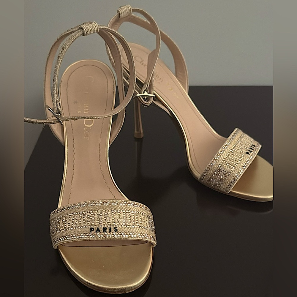 “Christian Dior gold sandal heels, size 36, embellished with crystals. Worn once